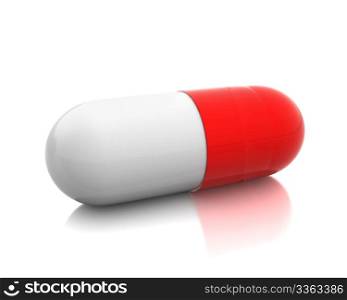 Single red pill isolated on white background