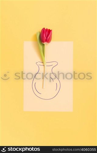 single red tulip flower drawn vase yellow backdrop