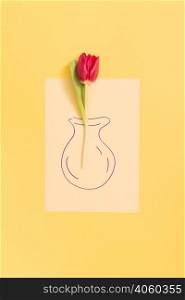 single red tulip flower drawn vase yellow backdrop