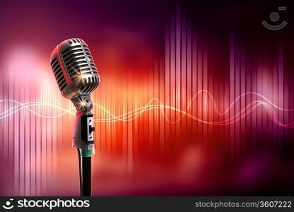 Single retro microphone against colourful background with lights