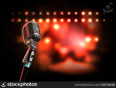 Single retro microphone against colourful background with lights