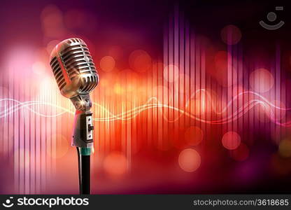 Single retro microphone against colourful background with lights