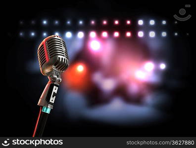 Single retro microphone against colourful background with lights