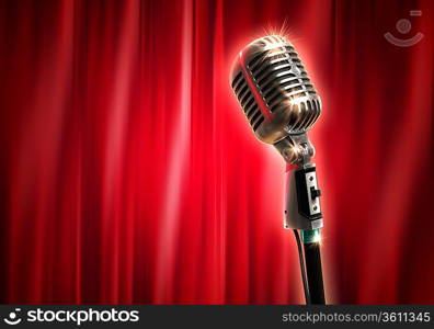 Single retro microphone against red curtains closed on the background