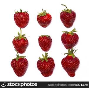 Single ripe red strawberry, isolated on white background, set of nine pieces