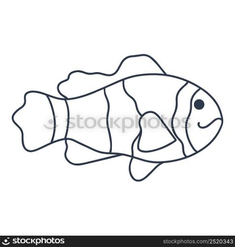 Single sea or river fish vector illustration. Isolated silhouette of marine life. Black striped fish with beautiful fins doodle style on white background. Single sea or river fish vector illustration
