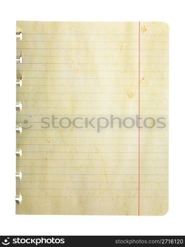 Single sheet of weathered notepad paper isolated on white with clipping path