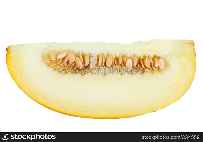 Single slice of ripe yellow melon. Close-up. Isolated on white background. Studio photography.