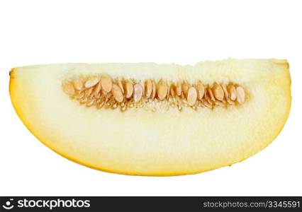 Single slice of ripe yellow melon. Close-up. Isolated on white background. Studio photography.