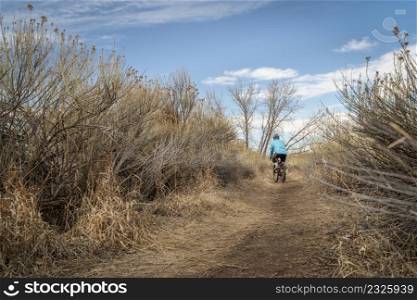 single track trail in winter or fall scenery with a male cyclist on a gravel bike - Arapaho Bend Natural Area in Fort Collins, Colorado