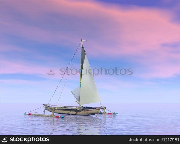 Single trimaran boat floating on the water by pink sunset. Trimaran boat by sunset - 3D render
