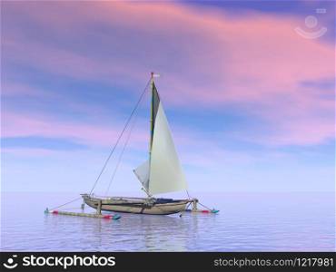Single trimaran boat floating on the water by pink sunset. Trimaran boat by sunset - 3D render