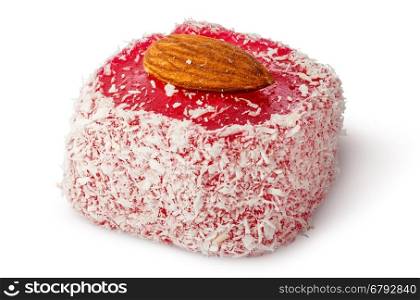 Single Turkish delight with almond nuts isolated on white background