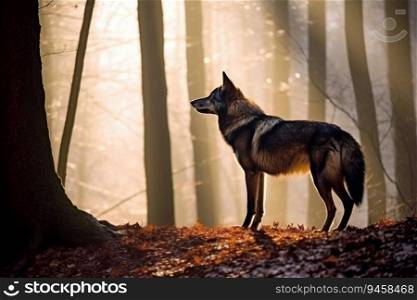 Single wolf standing in the forest, generative ai