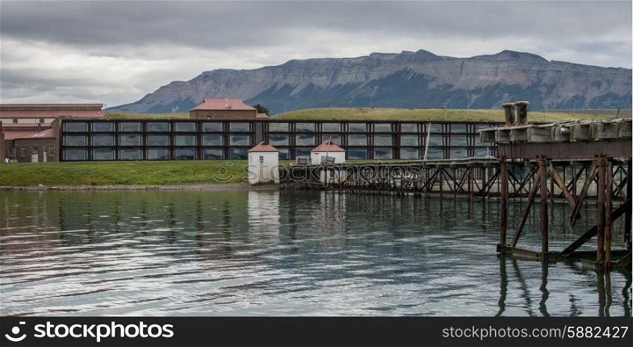 Singular Hotel with mountain range in the background, Puerto Natales, Patagonia, Chile