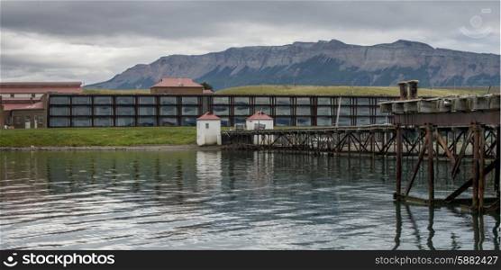 Singular Hotel with mountain range in the background, Puerto Natales, Patagonia, Chile