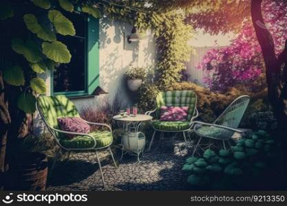 sinking chairs with cushions on patio in bright garden of cozy backyard, created with generative ai. sinking chairs with cushions on patio in bright garden of cozy backyard