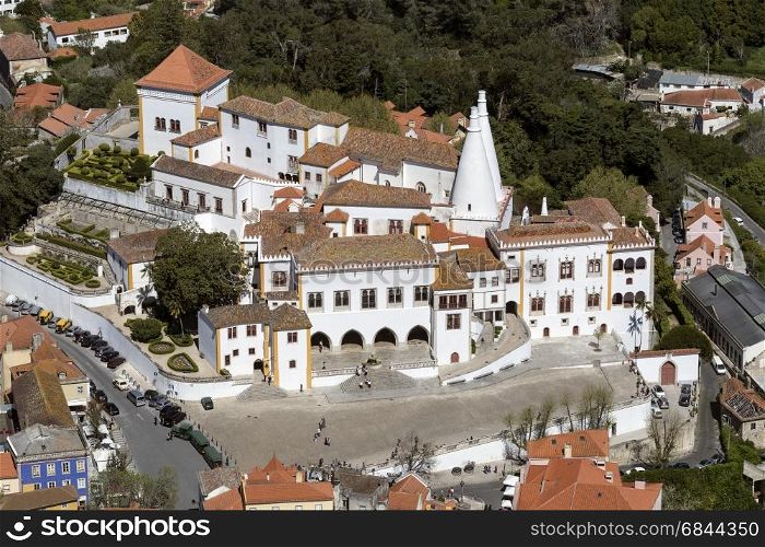 Sintra near Lisbon in Portugal. The Palace of Sintra, the former summer residence of Portuguese Royal family. A UNESCO World Heritage Site.