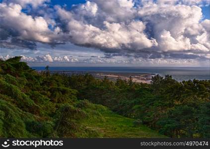 Sintra Portugal. 25 March 2017.View of Guincho beach and green fields sourouding from the road to Cabo da Roca in Sintra Portugal. Sintra, Portugal. photography by Ricardo Rocha.
