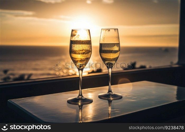 Sipping ch&agne at sunset with a loved one, the perfect way to mark an unforgettable moment. AI Generative.