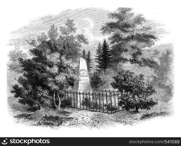 Sismondi tomb in the cemetery of Chenes, near Geneva, vintage engraved illustration. Magasin Pittoresque 1857.