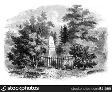 Sismondi tomb in the cemetery of Chenes, near Geneva, vintage engraved illustration. Magasin Pittoresque 1857.
