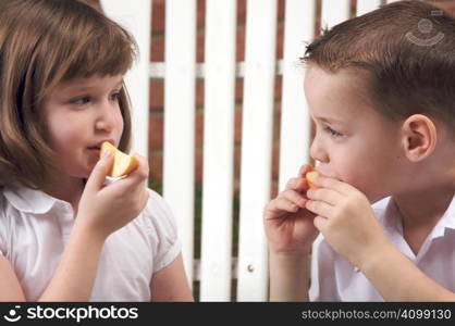 Sister and Brother Having Fun Eating an Apple