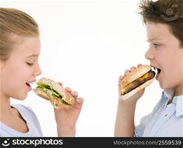 Sister eating sandwich by brother eating cheeseburger