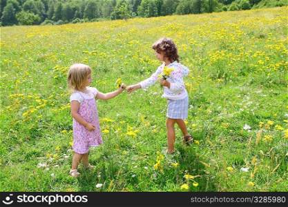 sister girls in meadow playing with spring flowers outdoor