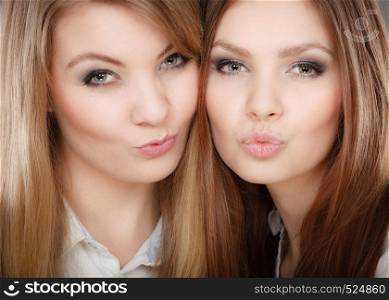 Sisterhood and siblings love. Pretty lovely charming girls together. Two positive glamorous women sisters portrait.. Charming positive female siblings.