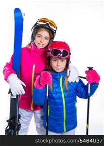 siters kid girls with ski poles helmet and goggles going to winter snow
