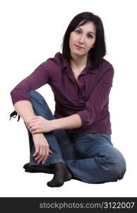 Sitting girl in a purple blouse, isolated on a white background.