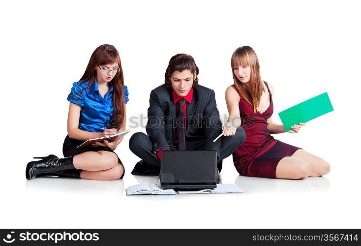Sitting on white background. Chief with notebook and his secretary and assistent at work