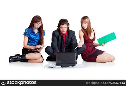 Sitting on white background. Chief with notebook and his secretary and assistent at work