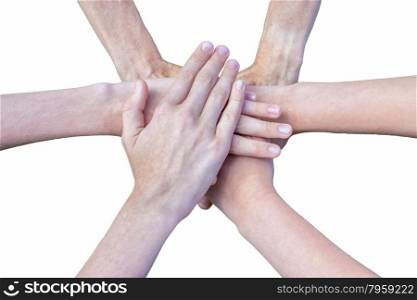Six arms unite with hands on each other isolated on white background