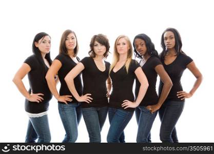 Six Attractive Young Women in Matching T-shirts and Jeans