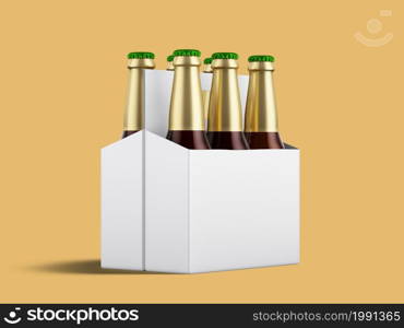 Six beer bottles in cardboard container with green caps with reflection in shiny white base.