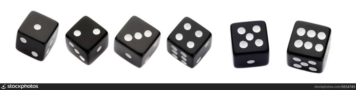 Six black dices on a over white background