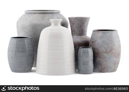 six ceramic vases isolated on white background. 3d illustration