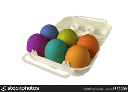 six colored easter eggs in an eggbox. colored easter eggs