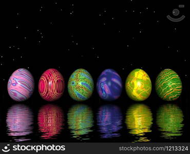 Six colorful eggs for easter with their shadows in black background. Easter colorful eggs