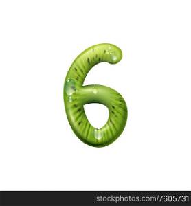 Six digit character made of kiwi with water splashes isolated food numeric. Vector 6 digit, exotic font. 6 digit of exotic kiwi fruit, isolated summer font