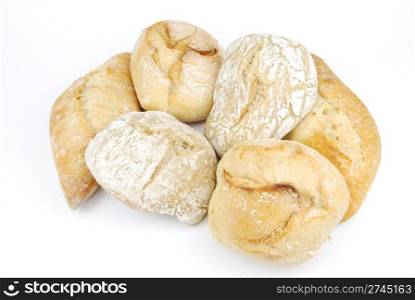 six fresh and baked white wheat bread (isolated on white background)