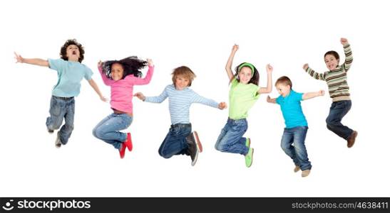 Six funny children jumping isolated on a white background