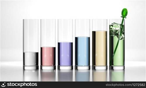 Six glasses with different colors over white background, concept image for illustration of business chart and growth.. Objective Concept, Growth Business Chart