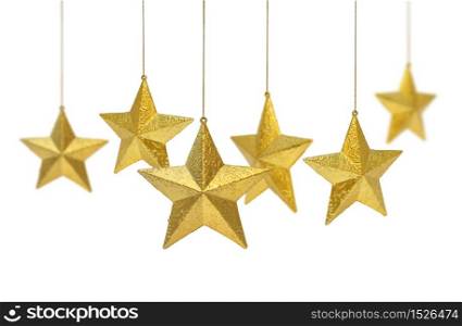 Six golden Christmas decoration stars hanging isolated on white background. Six golden stars hanging