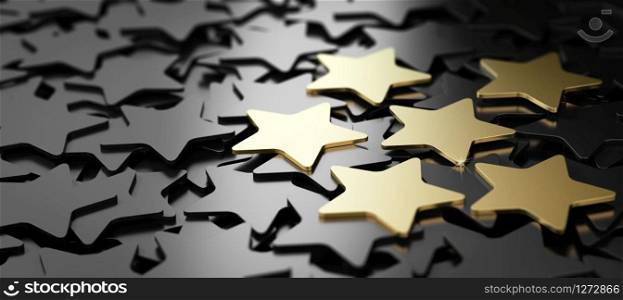 Six golden stars over black background. 3D illustration of high quality customer service. Excellent Customer Service, 6 Golden Stars.