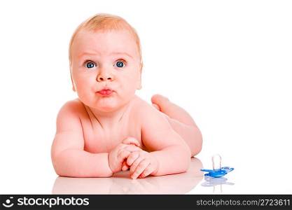 six-month-old baby on a white background