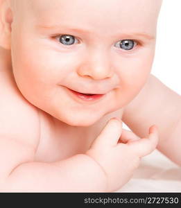 six-month-old baby on a white background