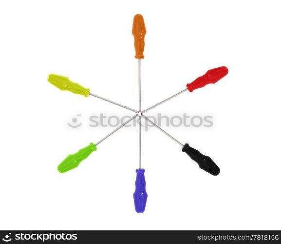 Six screwdrivers with colorful handles on white background